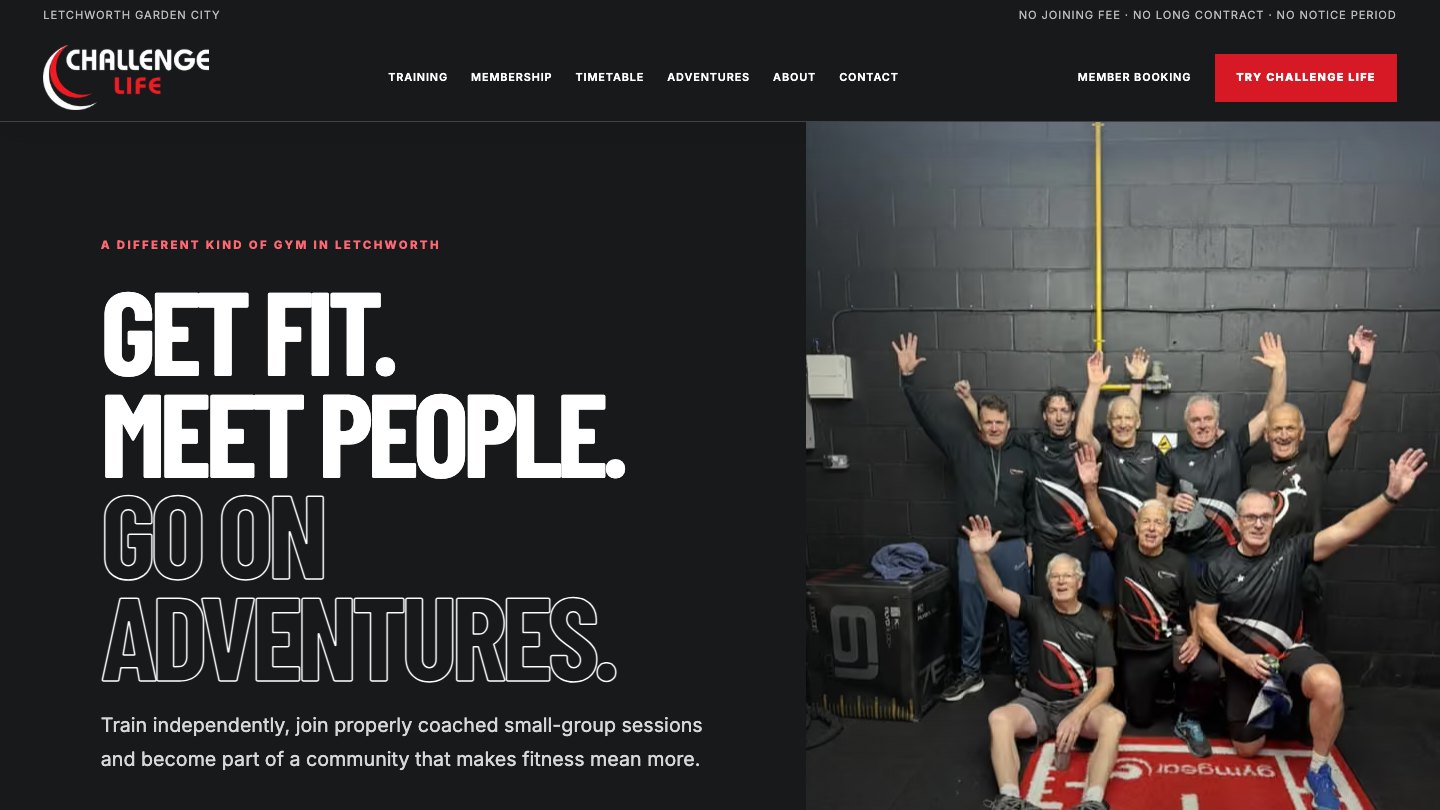 Live Challenge Life homepage showing the Get Fit, Meet People, Go on Adventures design