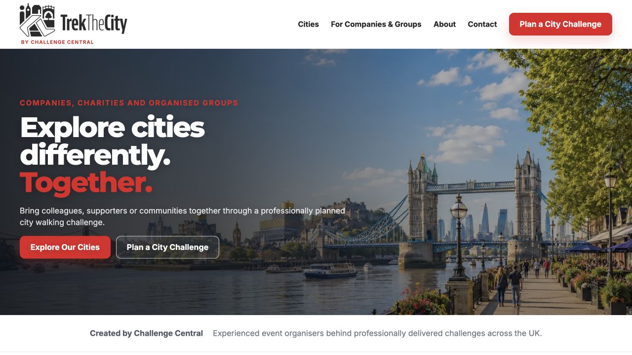 Live Trek the City homepage showing the Explore Cities Differently Together design